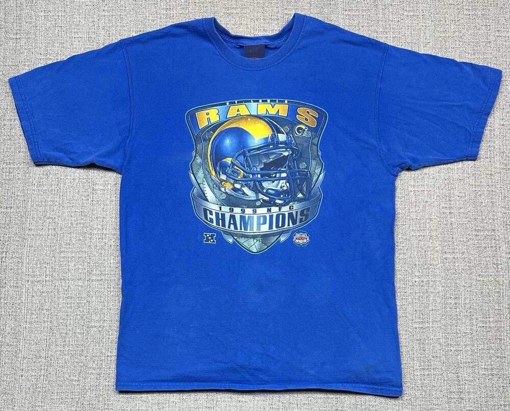Vintage St. Louis Rams Shirt Mens Large Blue NFL Helmet Pro Player 1999 90s